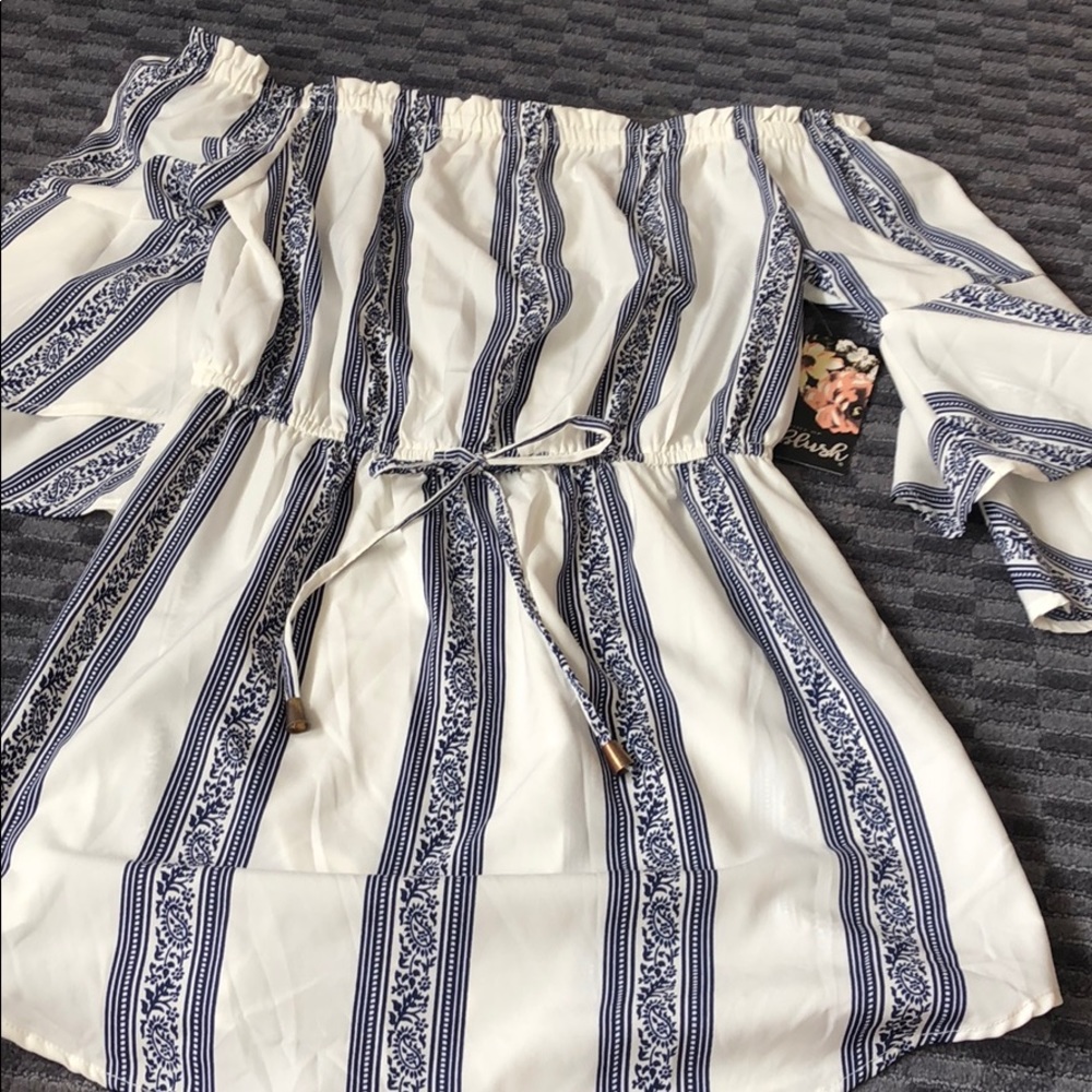 Floral white and blue off the shoulder mini dress